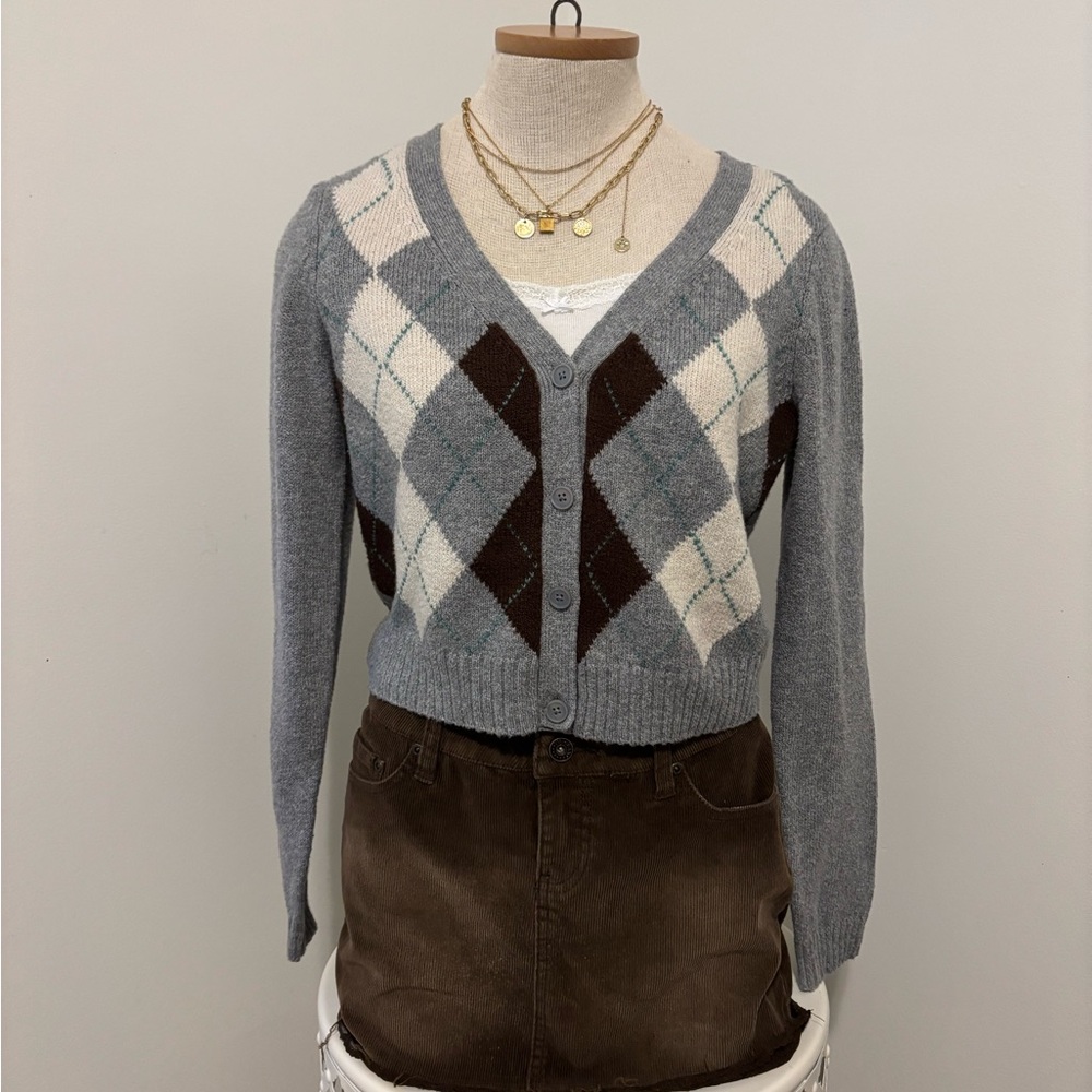 American Eagle Outfitters Blue and Brown Argyle Cardigan